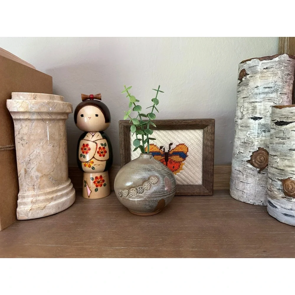 Vintage Studio Pottery Bud Vase Brown Salt Glazed Floral Stoneware Artist Signed
